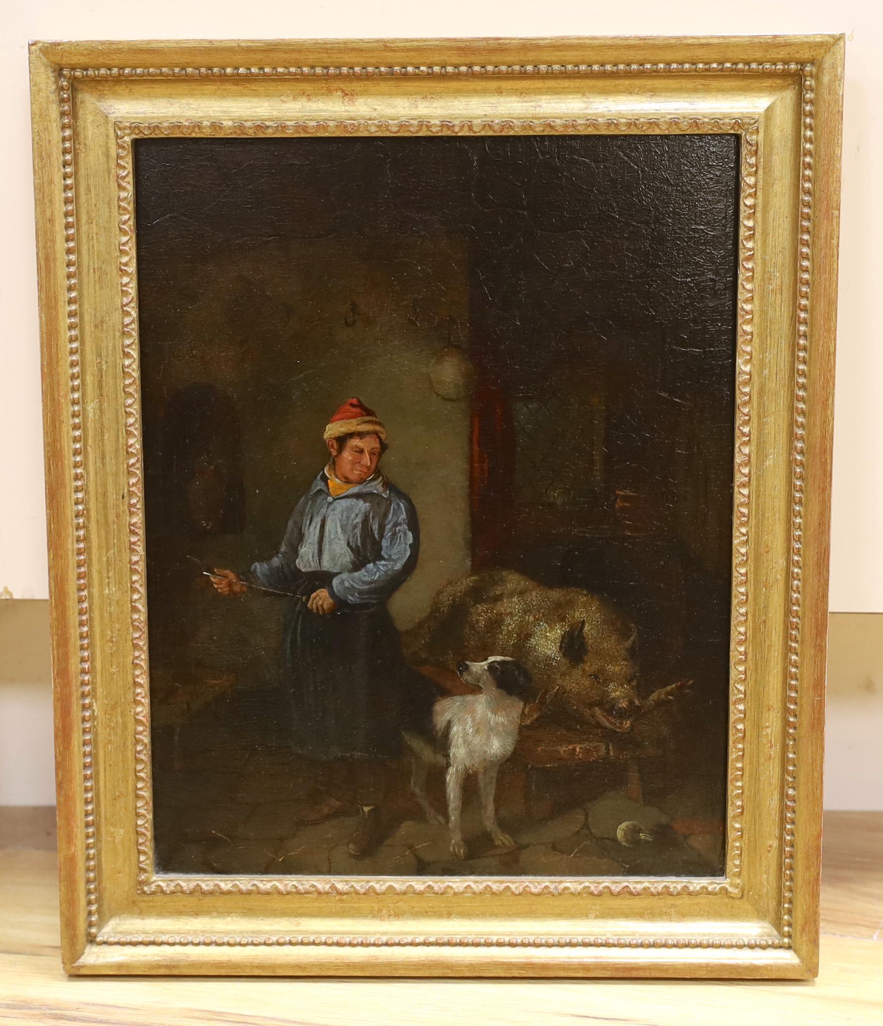 After George Morland (1763-1804), oil on oak panel, Interior with a figure preparing to butcher a pig, unsigned, 31 x 25cm